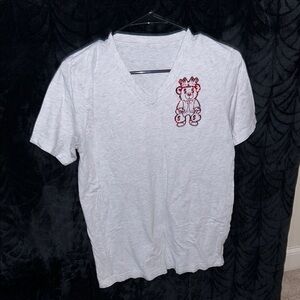 White V-Neck T-Shirt with Red Graphic